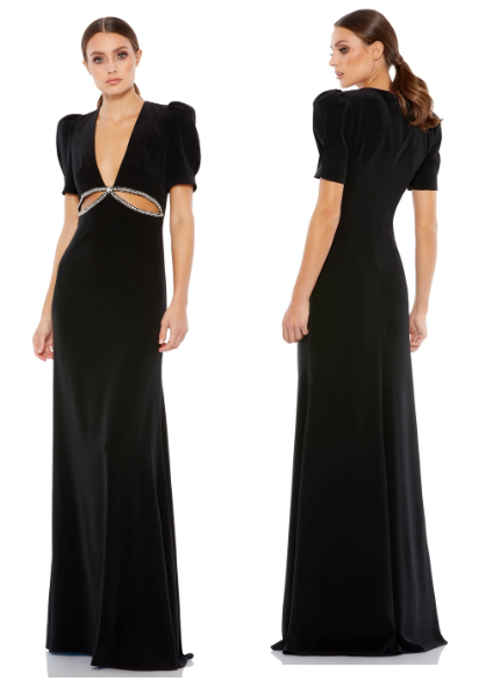 Ieena for Mac Duggal Rhinestone V-Neck Puff Sleeve Cut Out Maxi Dress Black 2